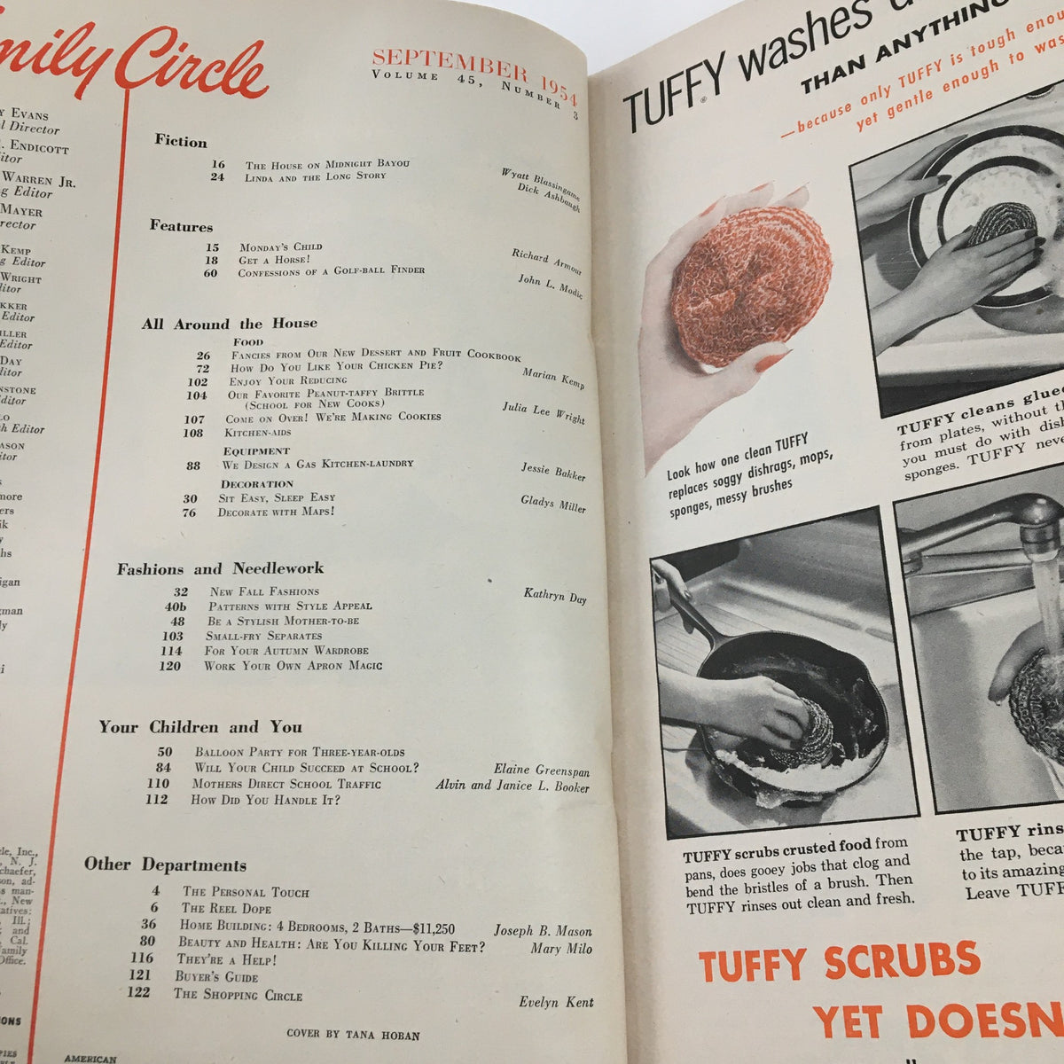 Inside page of Family Circle Magazine September 1954 showcasing the contents list and an advertisement for Tuffy cleaning sponges.