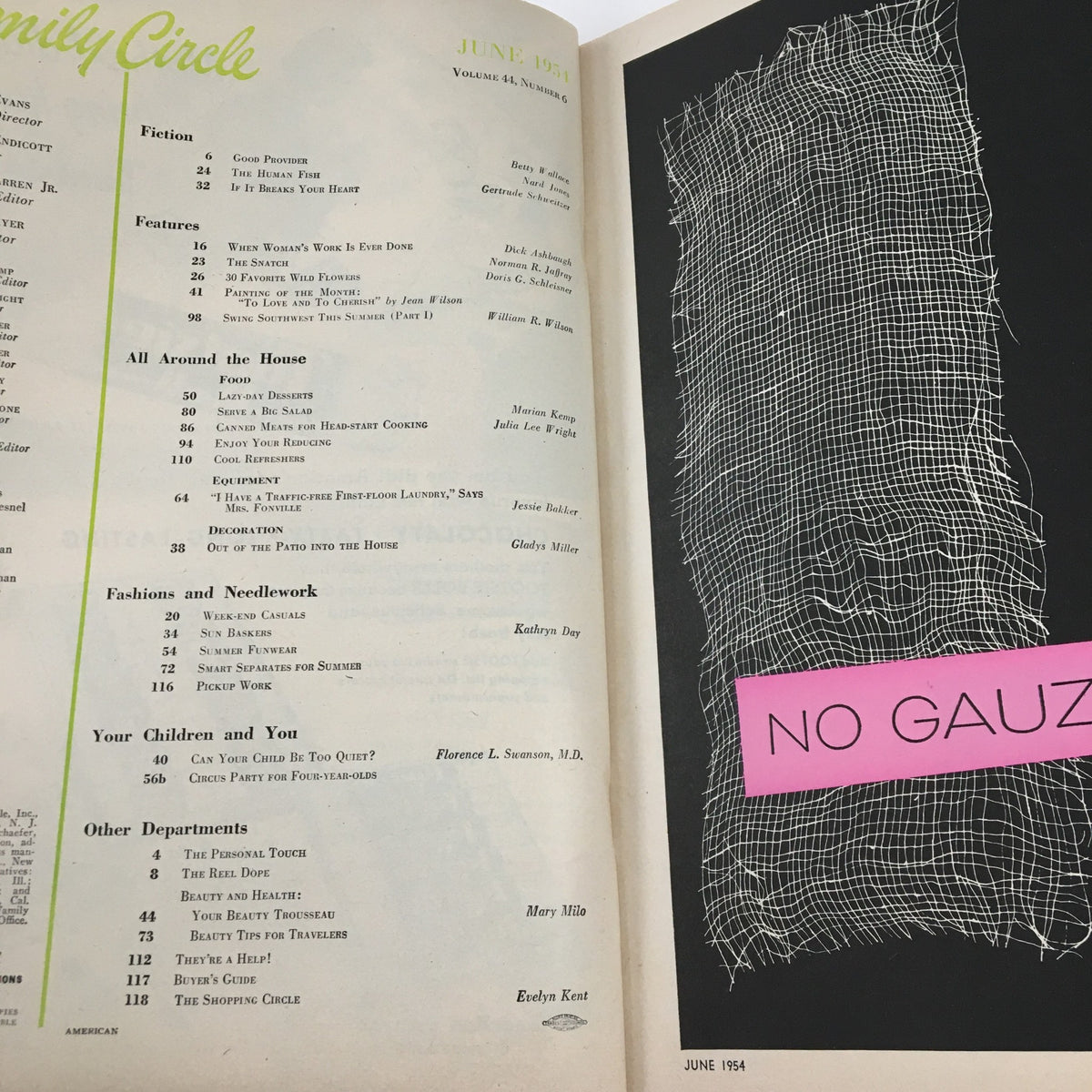 Interior page of Family Circle Magazine June 1954 displaying the table of contents, including stories and features like 'The Human Fish' and various household tips.