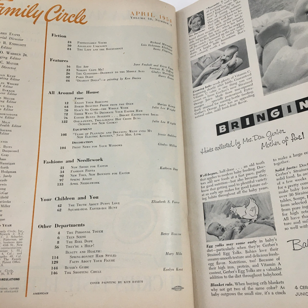 Interior page of Family Circle Magazine April 1954 displaying articles and features related to Easter and family life, emphasizing its role in mid-20th century culture.