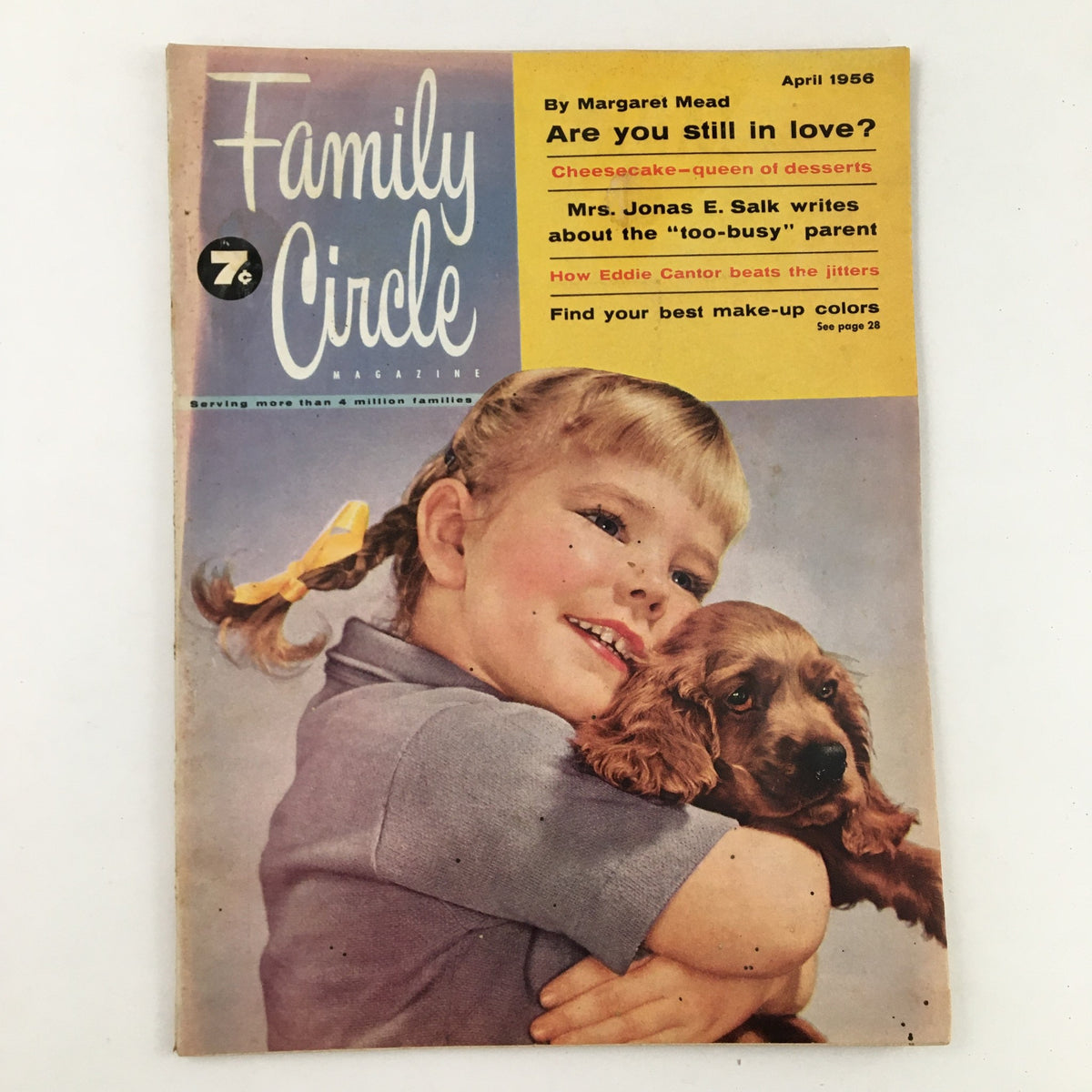 Cover of Family Circle Magazine April 1956 featuring a girl holding a puppy, highlighting an article by Mrs. Jonas E. Salk, titled 'Too Busy' Parent.