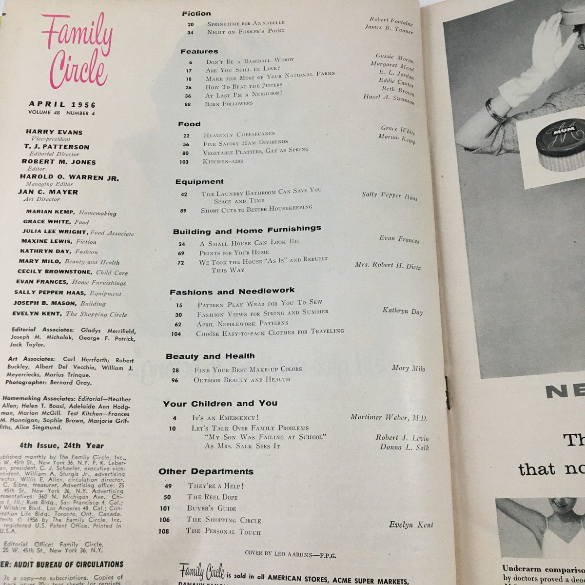Interior page from Family Circle Magazine, April 1956, featuring table of contents and articles listed including parenting, food, home furnishings, and health tips.