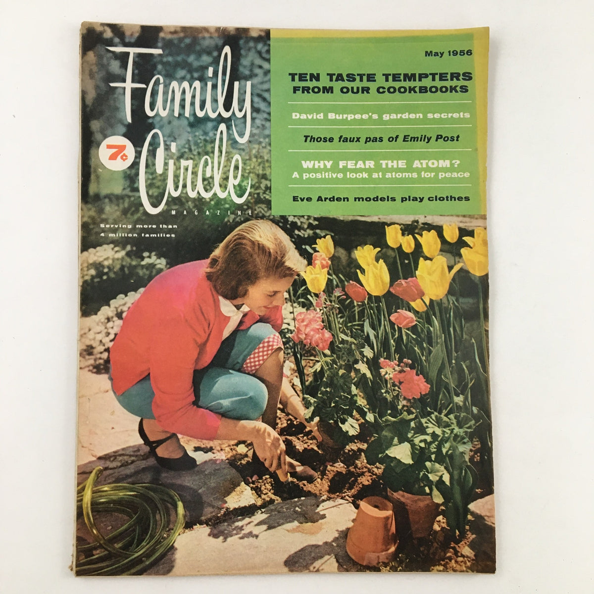 Family Circle Magazine May 1956 cover featuring a woman gardening amid colorful flowers, highlighting David Burpee's gardening secrets and articles on family-oriented activities.