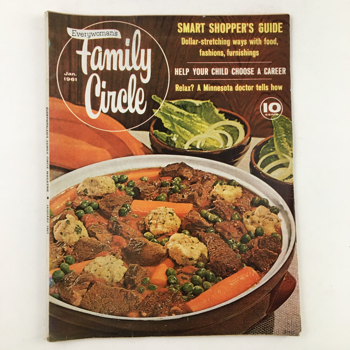 Family Circle Magazine January 1961 featuring a recipe for Beef Jardiniere with Marrow Dumplings, showcasing a delicious meal on the cover.