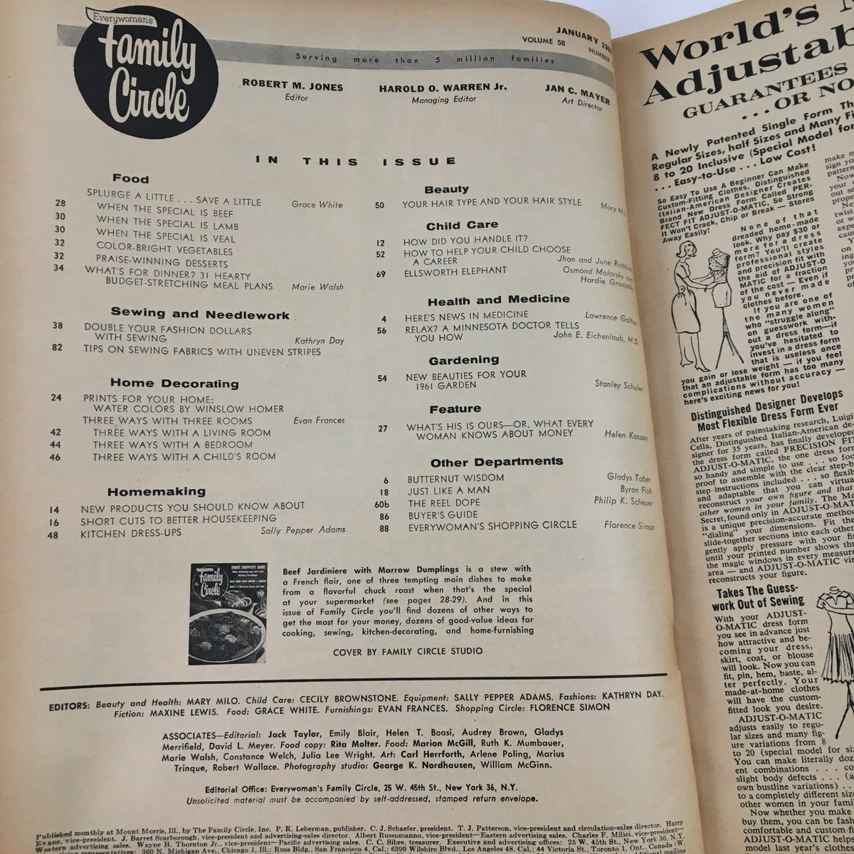 Family Circle Magazine January 1961 table of contents page with various topics including recipes, health advice, and child care.