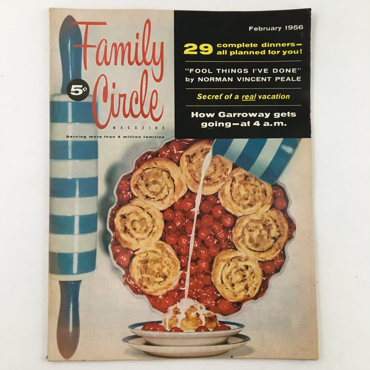 Cover of Family Circle Magazine, February 1956, featuring the article 'How Garroway Gets Going at 4 a.m.' and showcasing vintage food presentation.