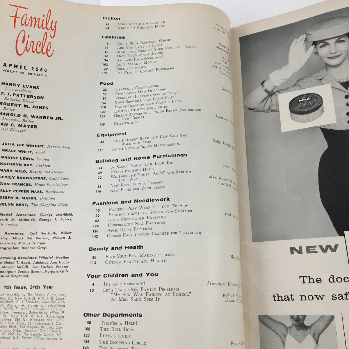 Inside pages of Family Circle Magazine April 1956 showing the table of contents with features including Eddie Cantor's article, fashion, food, and health topics.