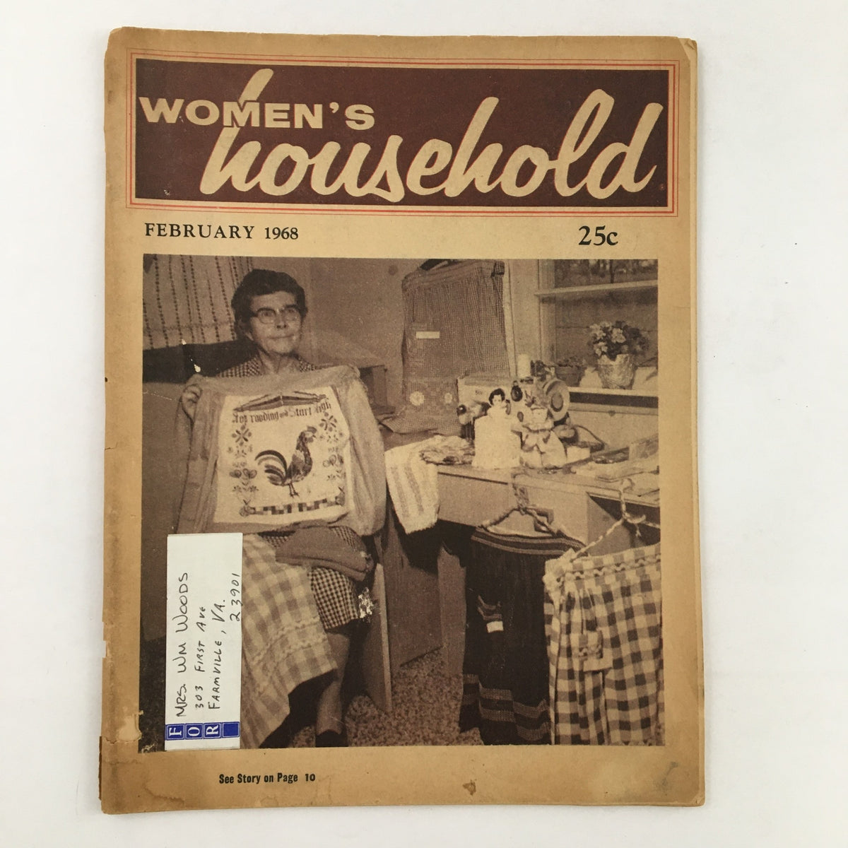 Cover of Women's Household Magazine from February 1968 featuring a woman holding an embroidered item, showcasing vintage design and nostalgia.