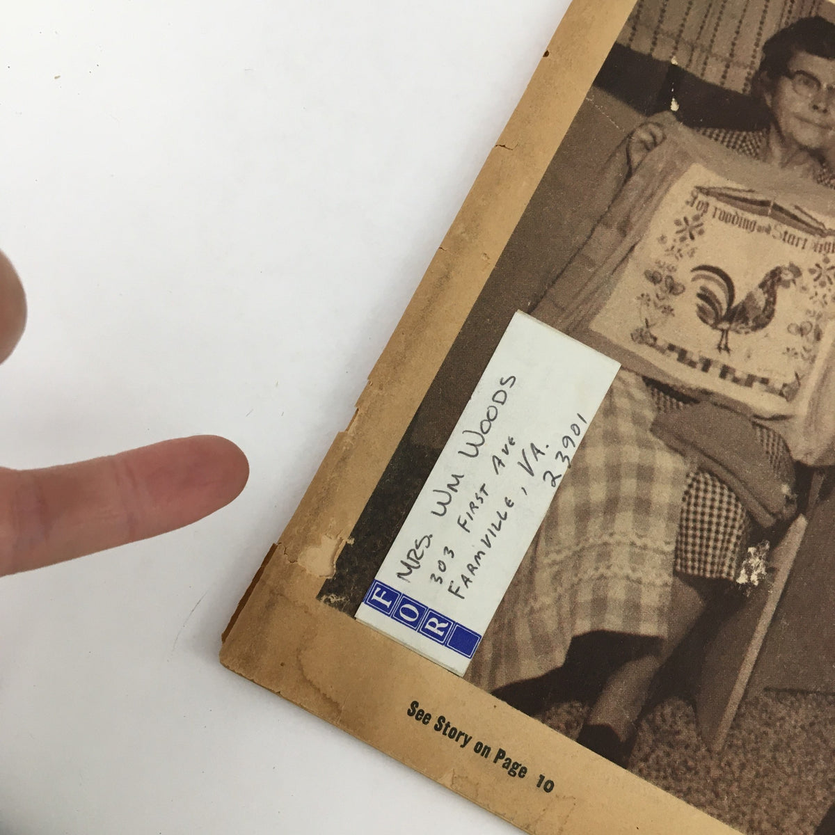 Close-up of the address label on the cover of Women's Household Magazine February 1968 with handwritten details, adding to its vintage collectible appeal.