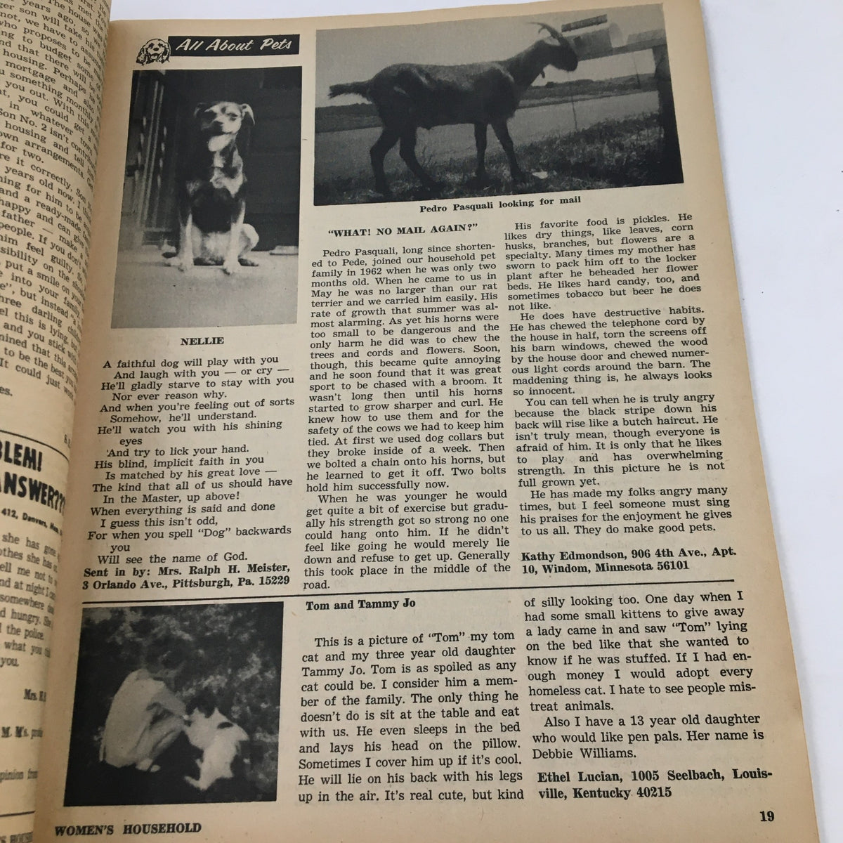Women's Household Magazine February 1968 page featuring pets, including a photograph of a dog named Nellie and illustrations of a goat. Cover story by Pedro Pasquali titled 'Looking for Mail.'