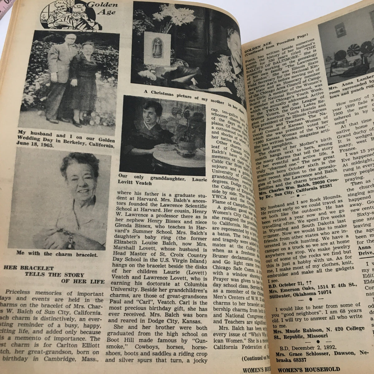 Women's Household Magazine February 1968 page showcasing personal photos and stories, including a couple's golden wedding anniversary and their granddaughter Laurie Lovitt Yeatch.