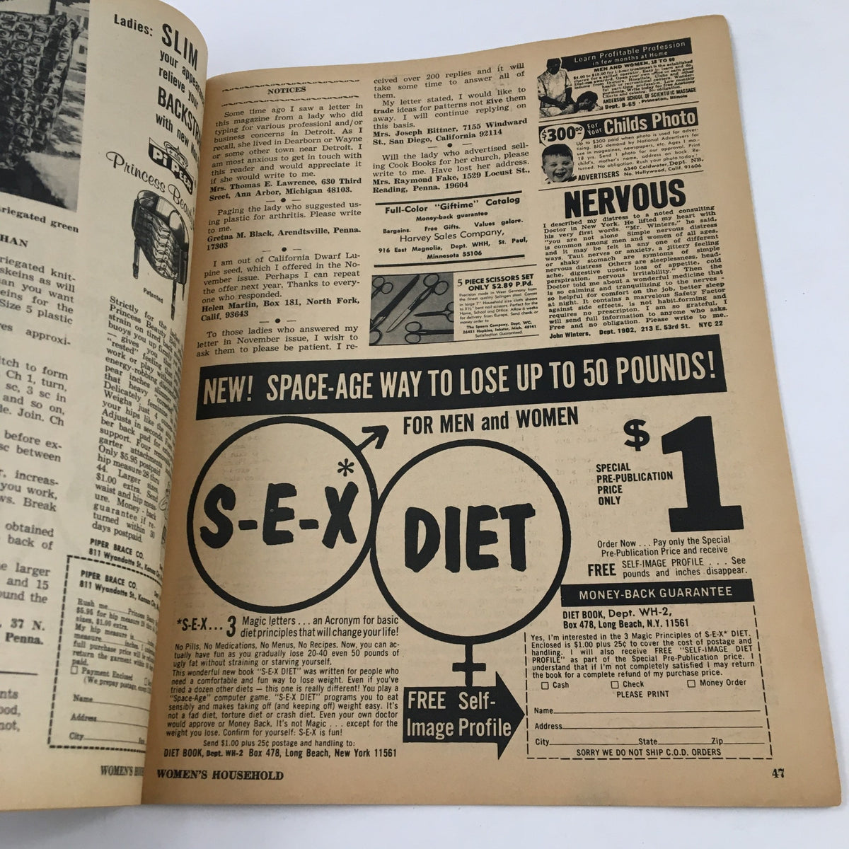 Women's Household Magazine February 1968 page displaying an advertisement for the 'S-E-X Diet' alongside tips and notices for readers.