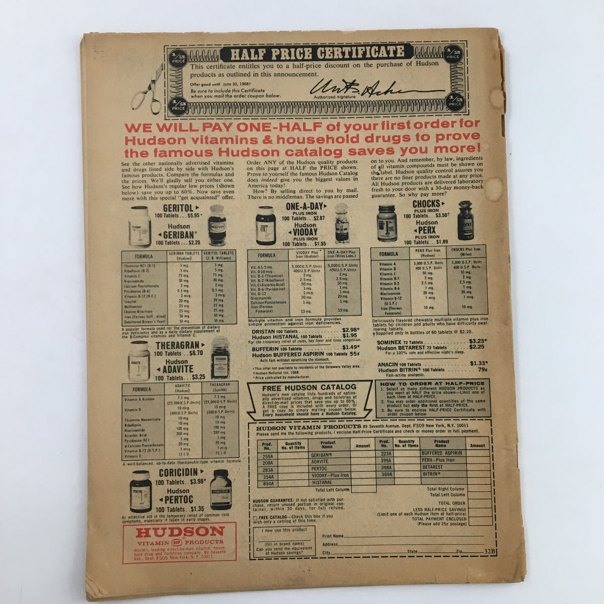 Women's Household Magazine February 1968 page featuring a half price certificate for Hudson vitamins and household products, emphasizing discounts on health-related items.
