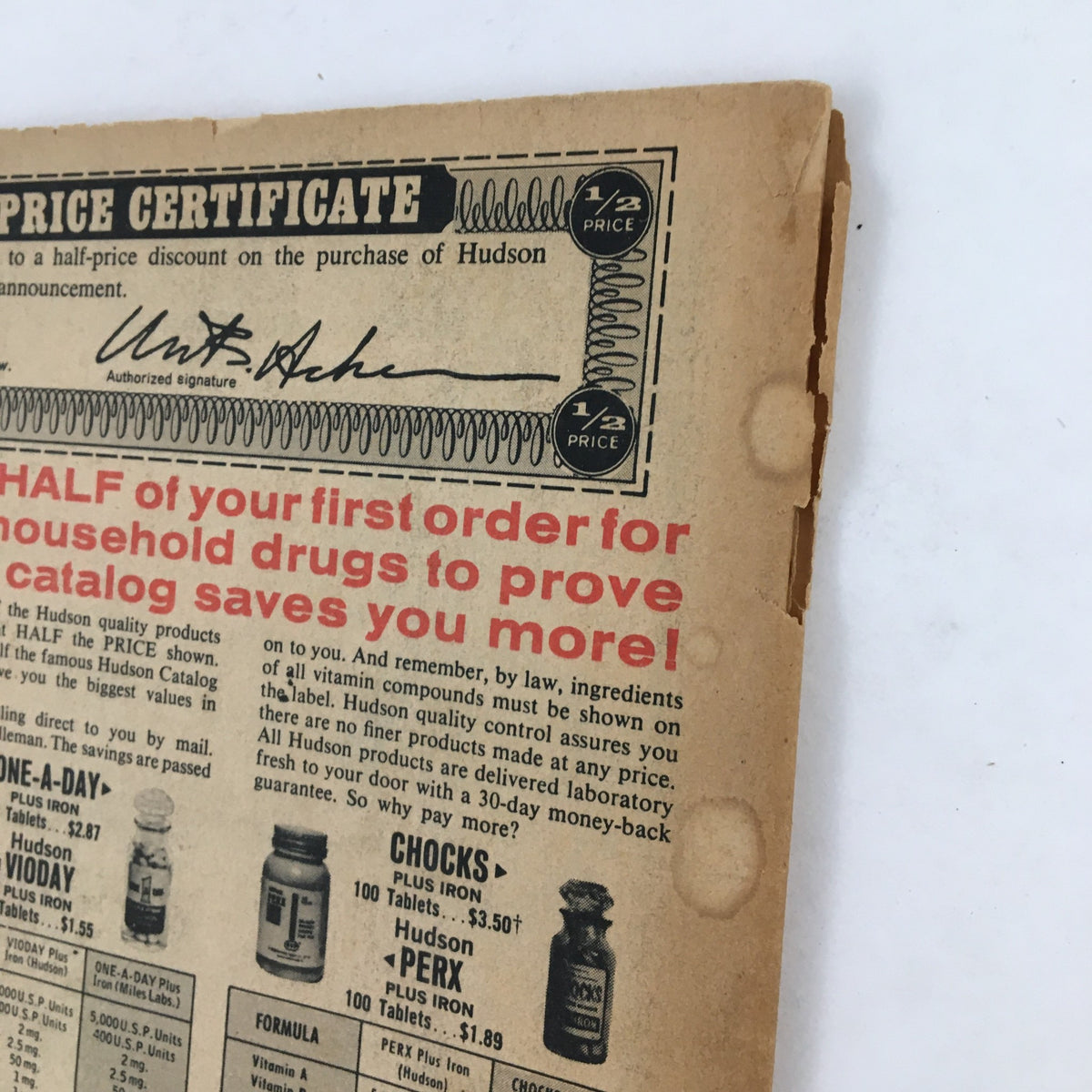 Women's Household Magazine February 1968 page focusing on a half price certificate for Hudson household drugs, detailing savings and ordering information.