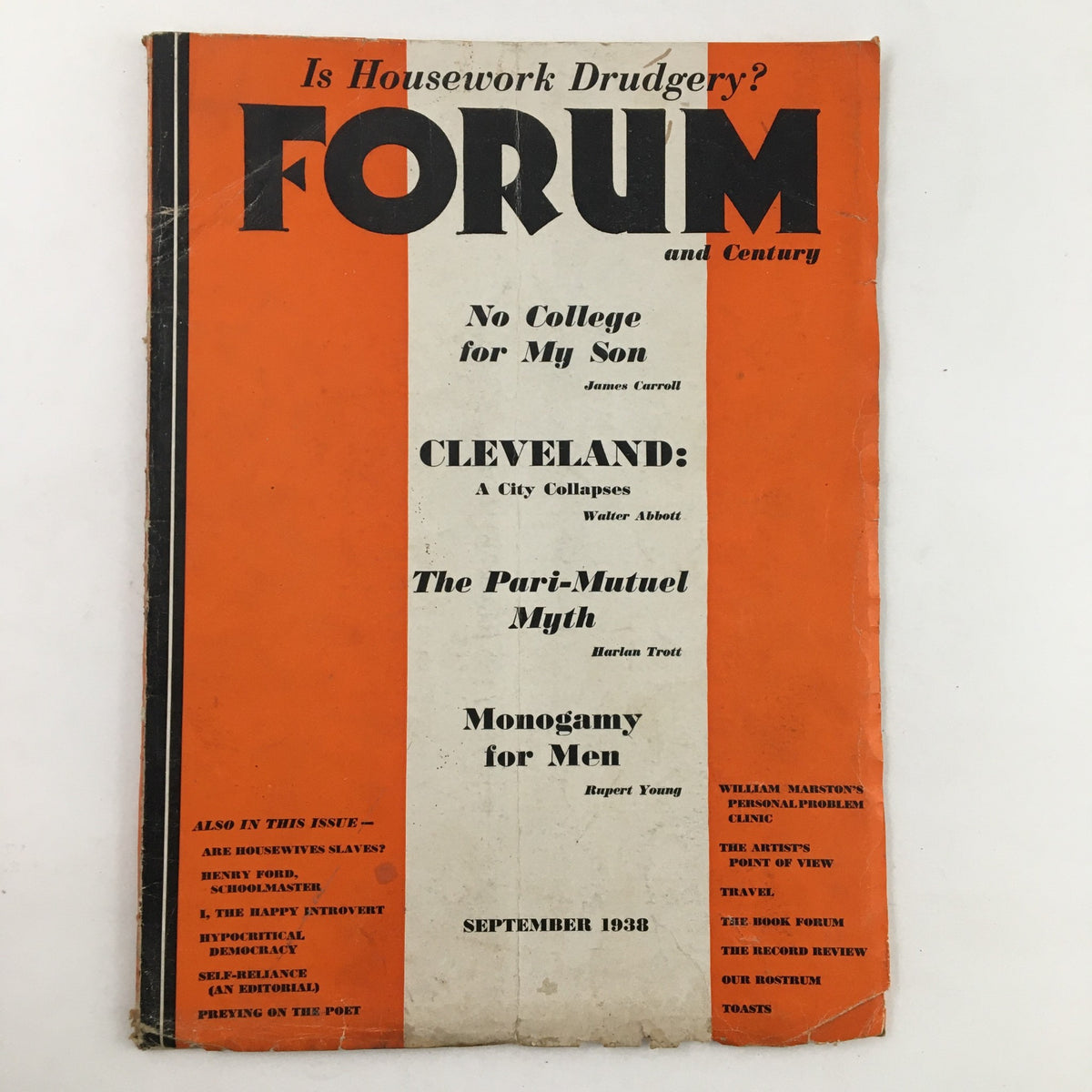 Forum and Century magazine cover from September 1938 featuring the title 'Cleveland: A City Collapses' by Walter Abbott, with striking orange and black design elements.