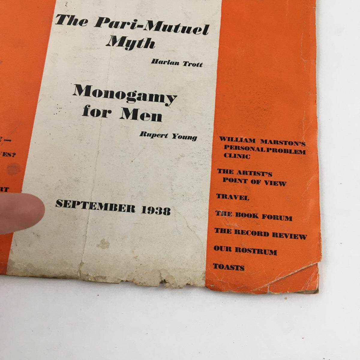 Cover page of the Forum and Century magazine, September 1938, featuring the title "The Pari-Mutuel Myth" by Harlan Trott and notable articles including "Monogamy for Men" by Rupert Young.