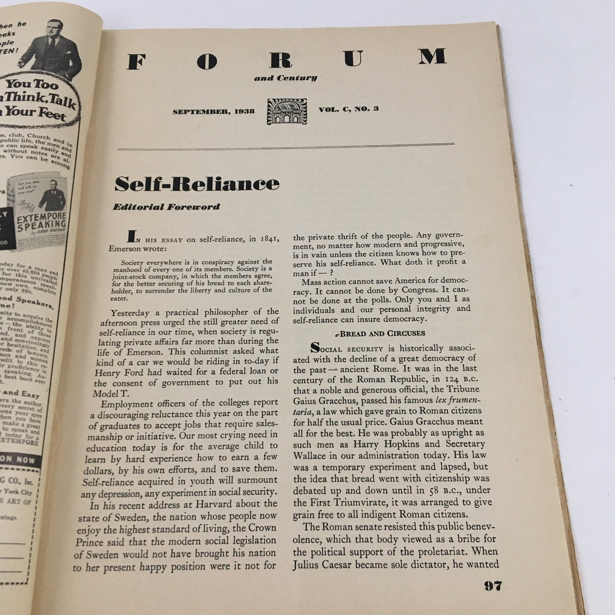 An editorial page titled 'Self-Reliance' from the Forum and Century magazine, September 1938, discussing the societal implications of self-reliance in the context of American democracy.