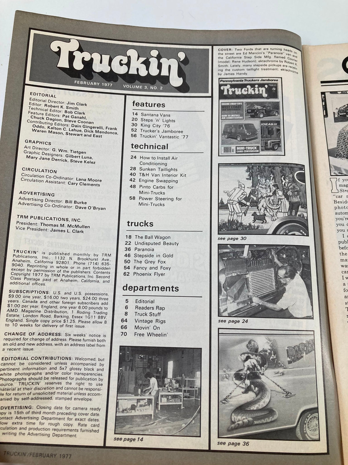 Table of contents for Truckin' Magazine February 1977, outlining features and technical sections including the West Coast Van Nationals and styling tips for mini-trucks.