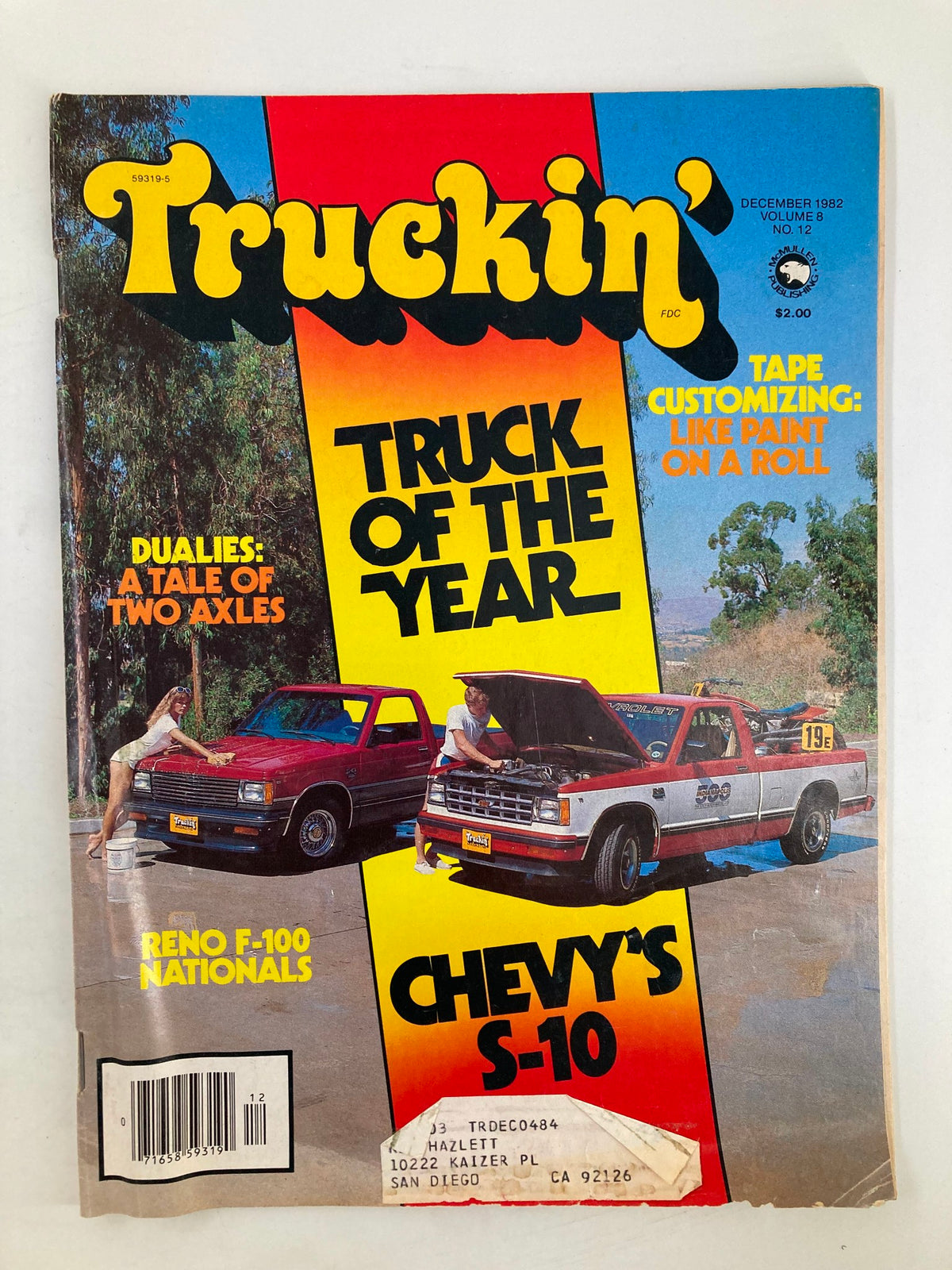 Cover of VTG Truckin Magazine December 1982 featuring the title 'Truck of the Year', image of dual axle trucks, and highlights such as 'Dualies: A Tale of Two Axles' and coverage from the Reno F-100 Nationals.