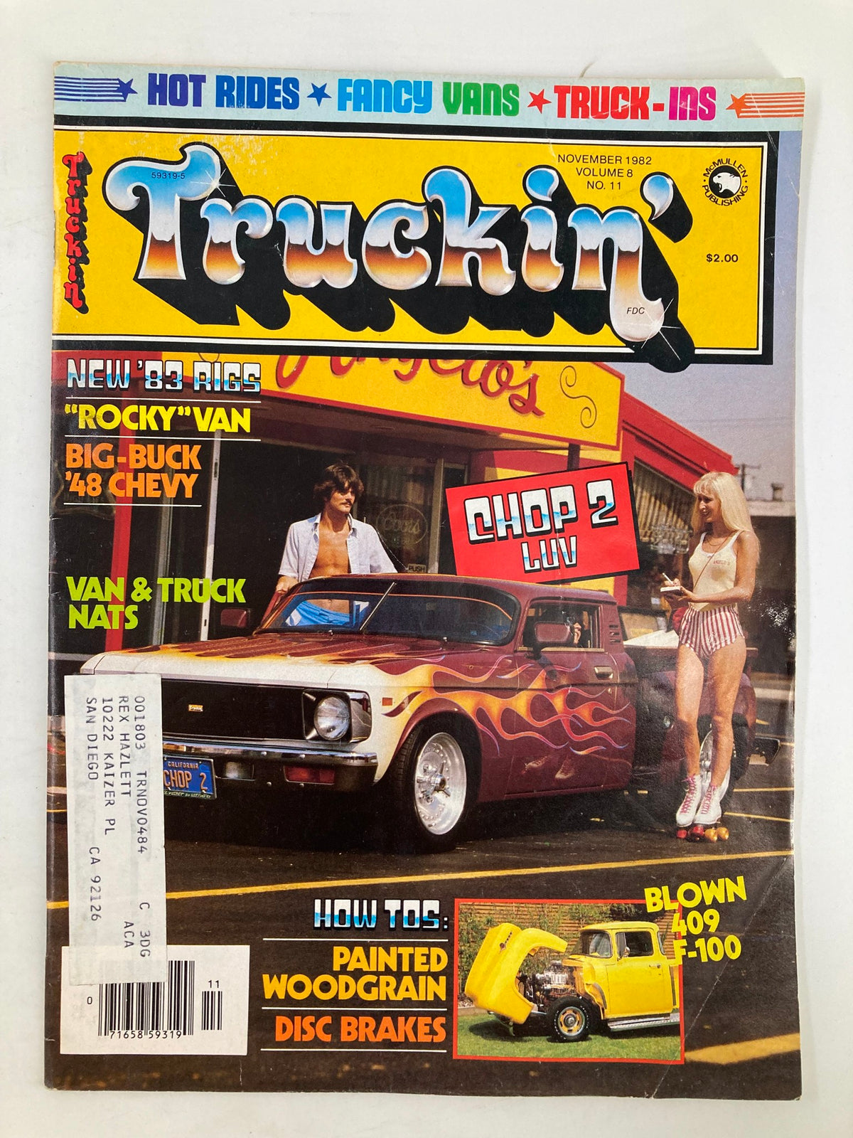 Cover of Truckin Magazine November 1982 featuring the Rocky Van and Big-Buck '48 Chevy, showcasing vibrant colors and bold graphics, including a model and classic car.