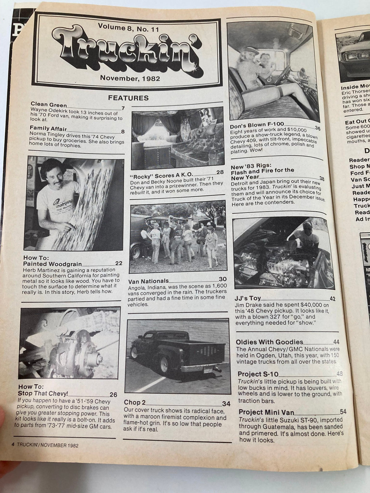 Inside page of Truckin Magazine November 1982 illustrating magazine features and articles, providing insights into classic trucks and automotive topics relevant to collectors and enthusiasts.