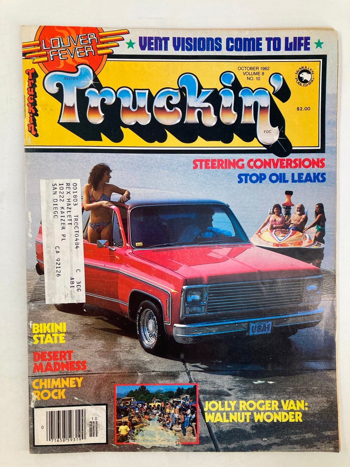 October 1982 issue of Truckin' Magazine featuring articles on steering conversions and stopping oil leaks, showcasing a red truck on the cover with a beach scene.