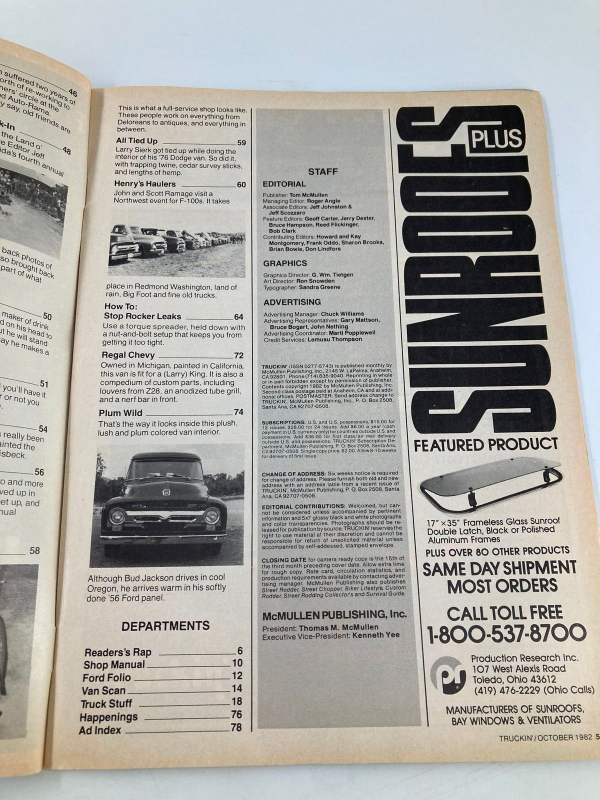 Another interior page from the October 1982 Truckin' Magazine displaying additional article topics and staff information, with a focus on classic truck restoration.