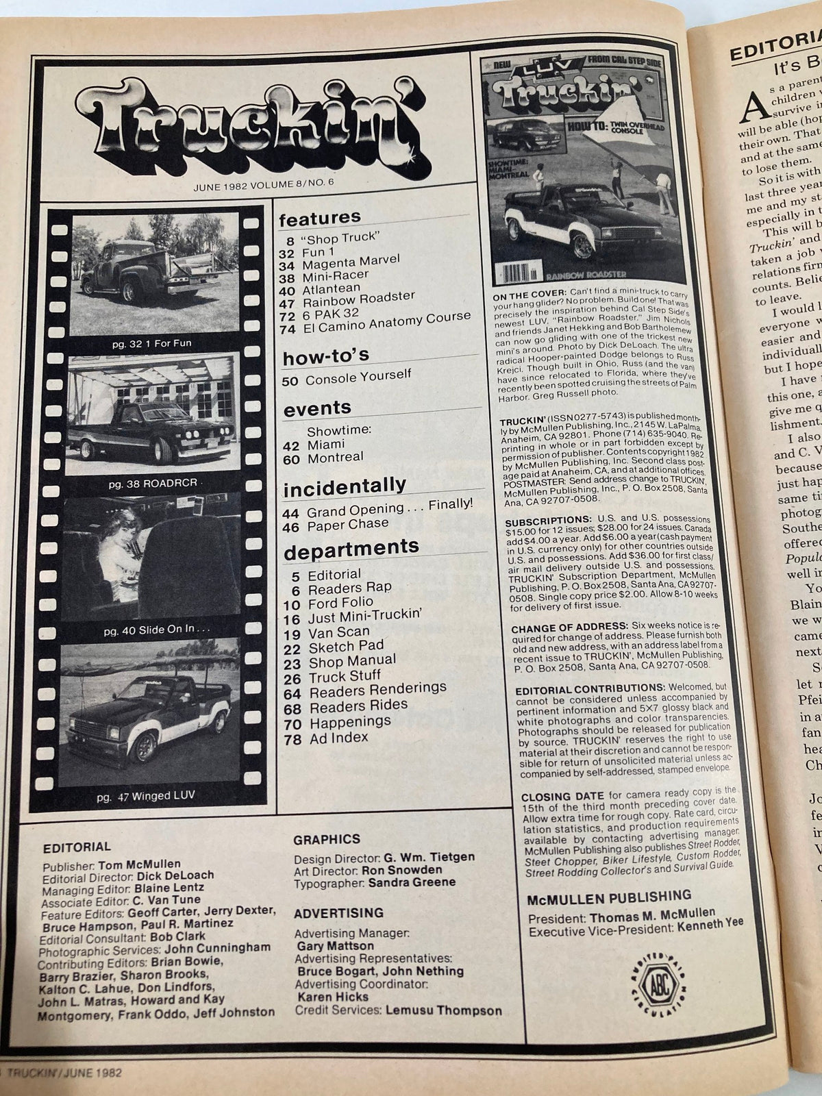 Cover of VTG Truckin Magazine June 1982 featuring the title 'How To Twin Overhead Console Rainbow Roadster'. The image includes various segments listing articles and features within the magazine, showcasing a classic mini truck.