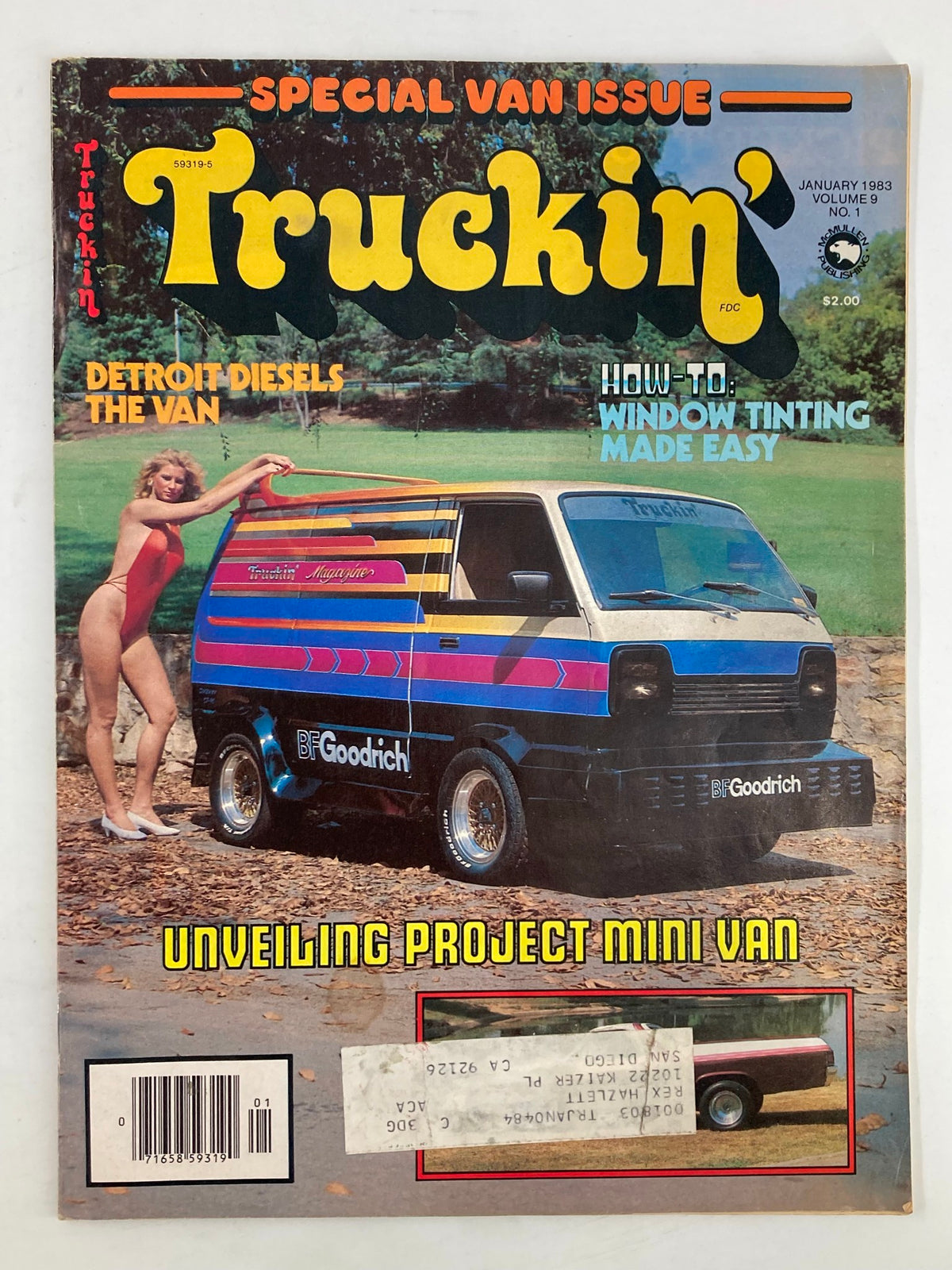 Cover of Truckin Magazine January 1983 featuring Detroit Diesels, The Van, and a guide on easy window tinting techniques. The colorful cover showcases a mini van with retro design elements and a woman in a swimsuit, highlighting the vintage automotive culture of the early 1980s.