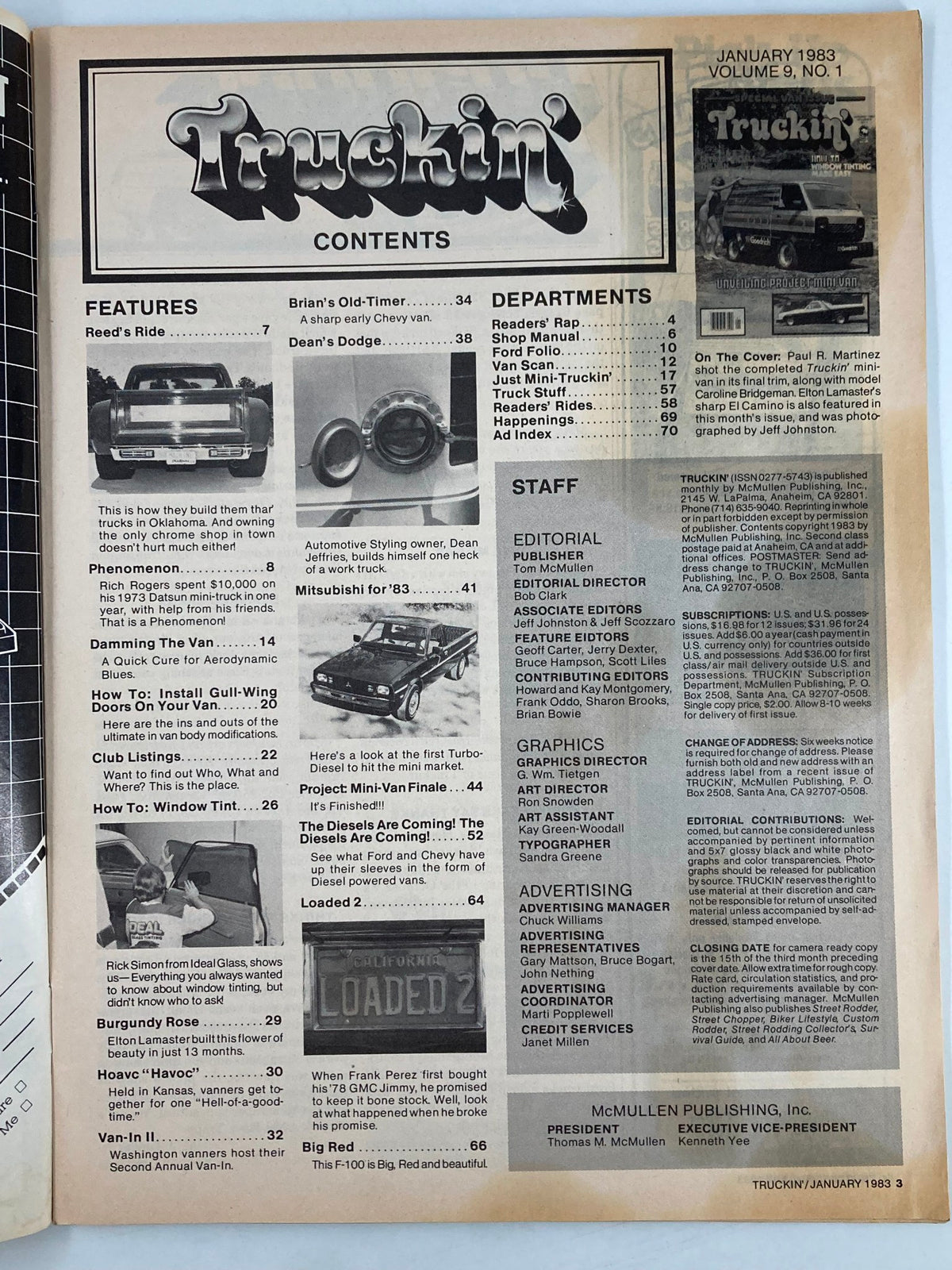 Contents page of Truckin Magazine January 1983, featuring articles on automotive topics including trucks and window tinting, with a nostalgic design that reflects 1980s automotive culture.