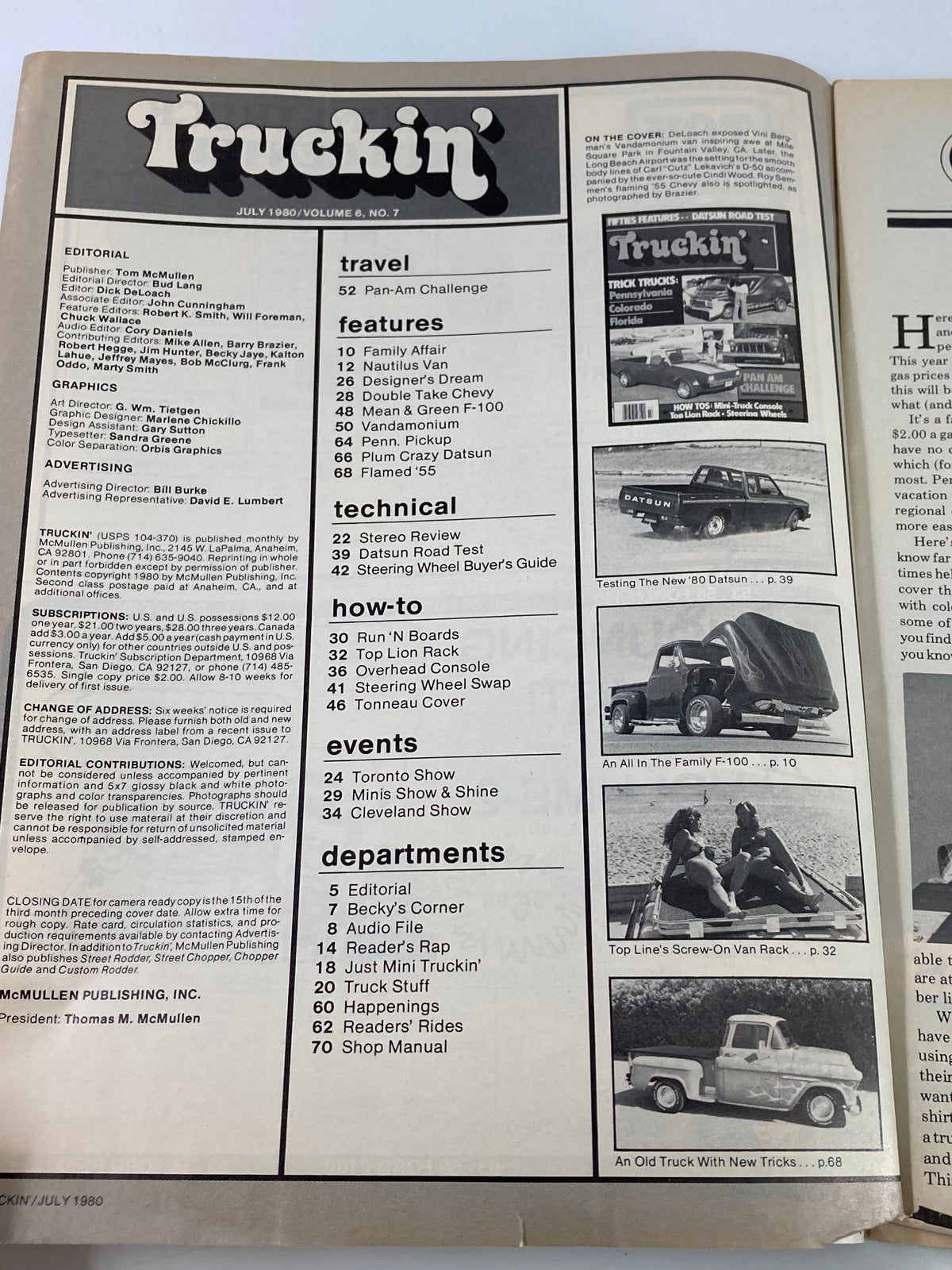 Inside page of the VTG Truckin Magazine July 1980 showcasing the table of contents with various trucking features and articles.
