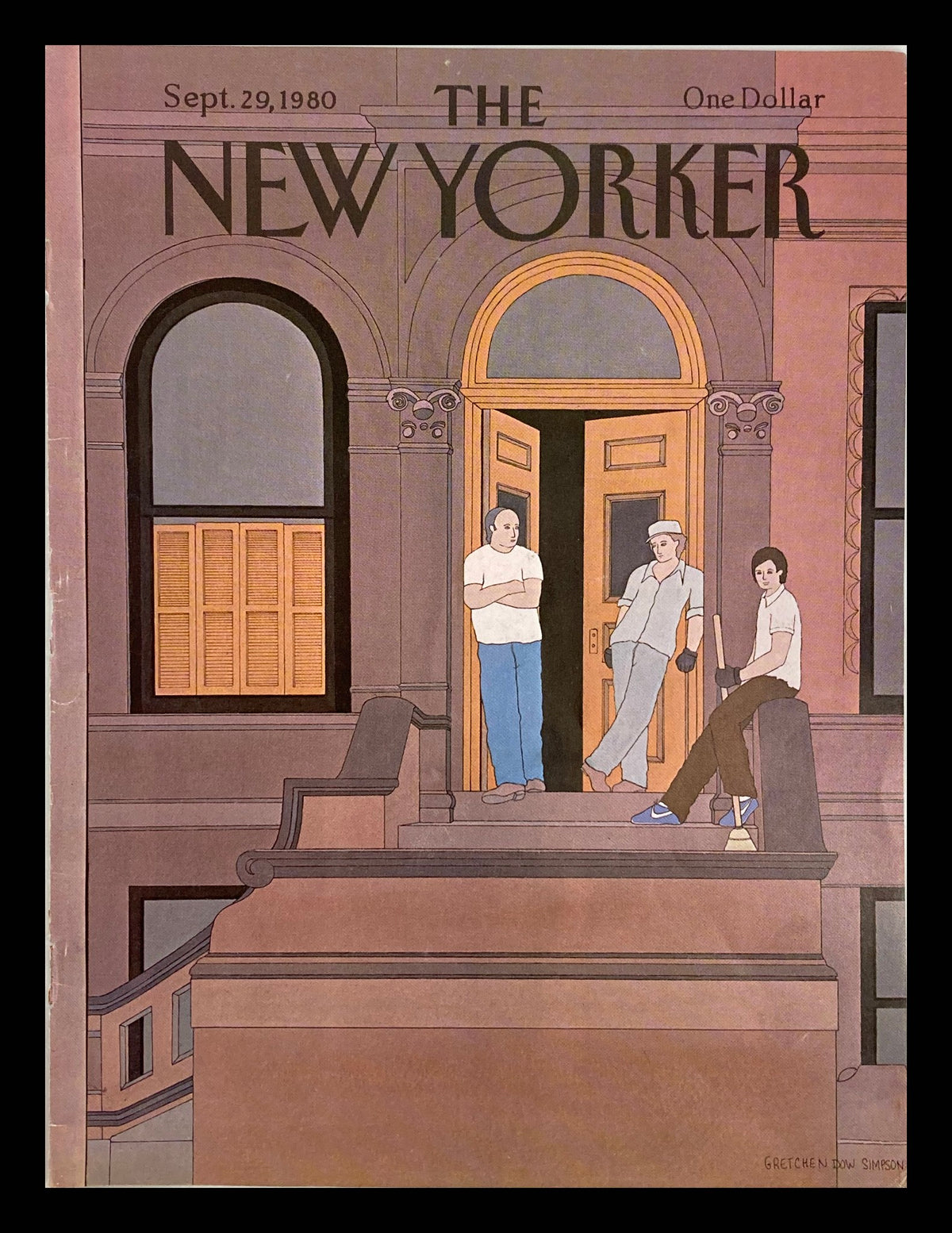 COVER ONLY The New Yorker September 29 1980 Waiting Up by Gretchen Dow Simpson, featuring three individuals in casual attire on the stoop of a building, showcasing the unique artistry of the cover.