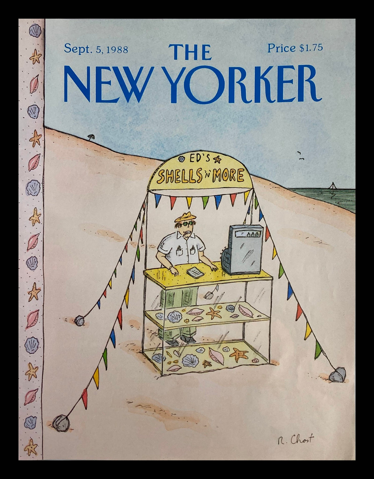 The New Yorker September 5 1988 cover featuring 'Ed's Shells and More' by Roz Chast, depicting a whimsical beach scene with a vendor's cart adorned with colorful bunting and seashells.