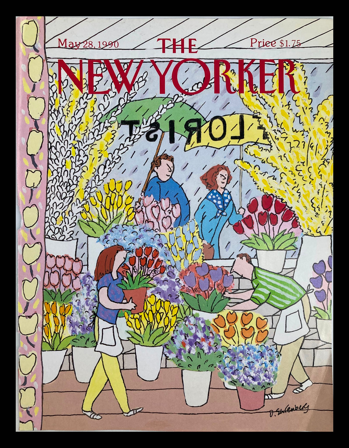 Cover of The New Yorker magazine from May 28, 1990, titled 'Queen's Florist' by Devera Ehrenberg, featuring a colorful illustration of a florist shop with flowers, umbrellas, and shoppers.