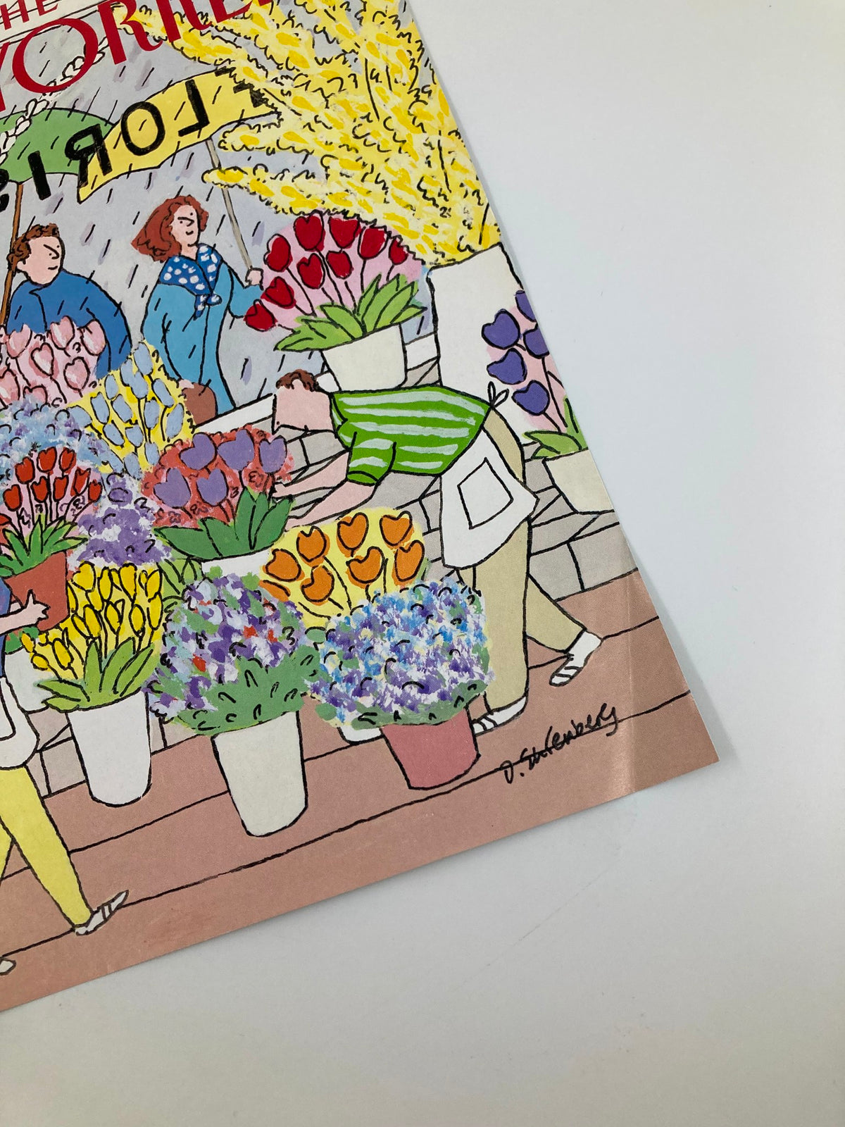 Detail of the COVER ONLY The New Yorker May 28 1990 Queen's Florist by Devera Ehrenberg, showcasing the artistry of the floral arrangement and signature of the artist.