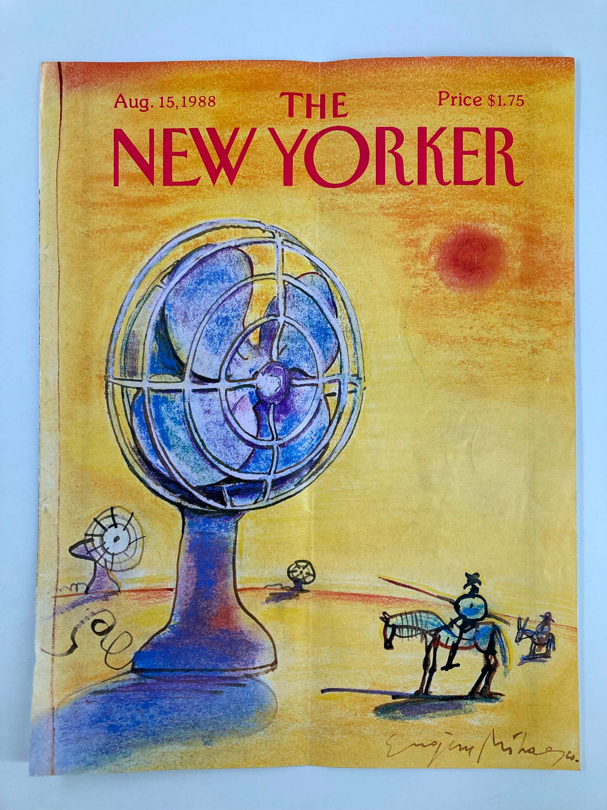 Vintage cover of The New Yorker from August 15, 1988, illustrated by Eugene Mihaesco, depicting a giant fan design with playful elements and bright colors.