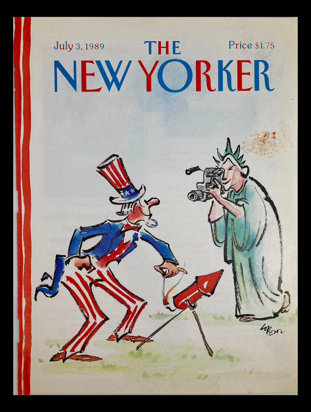 Cover of The New Yorker dated July 3, 1989, featuring Uncle Sam and Lady Liberty with a vibrant design by Lorenzo Mattotti.