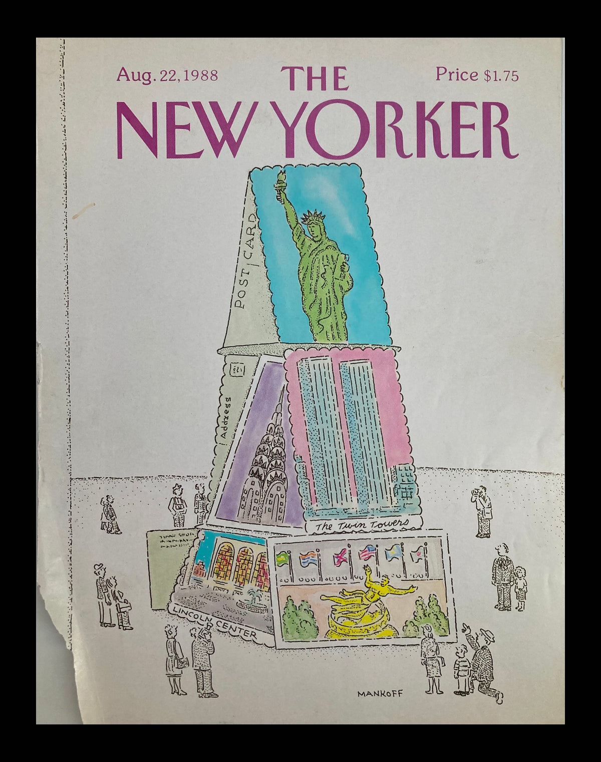 Cover of The New Yorker, August 22, 1988, titled 'Tower of Post Cards' by Robert Mankoff, featuring a colorful illustration of iconic New York landmarks including the Statue of Liberty and the Twin Towers.