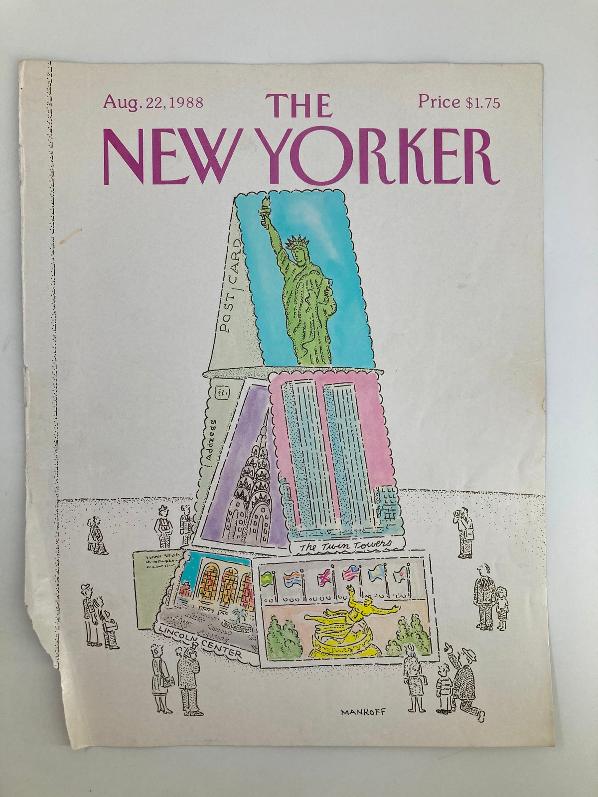 Front cover image of The New Yorker from August 22, 1988, 'Tower of Post Cards' by Robert Mankoff, showcasing a whimsical design with New York City attractions depicted as postcards.