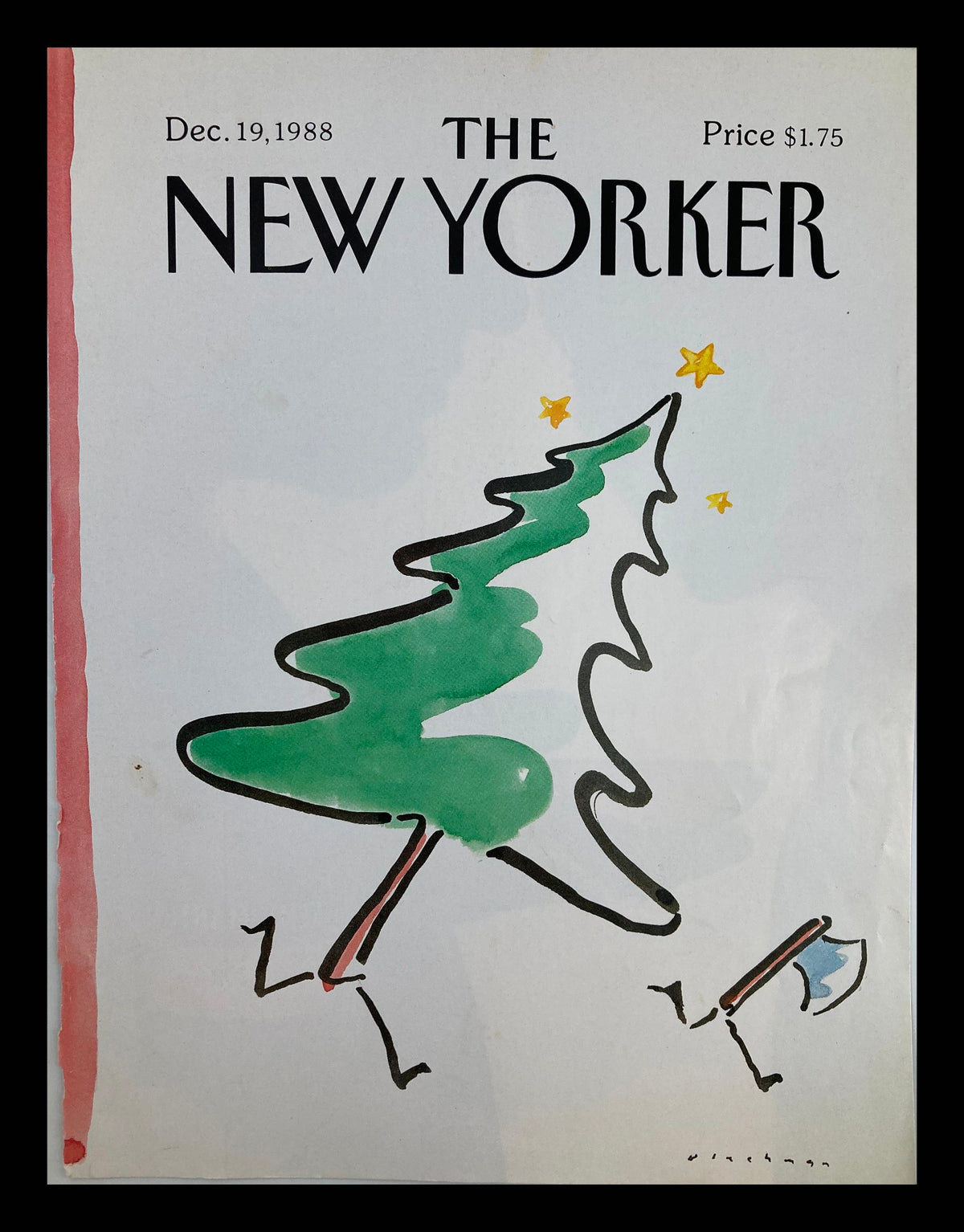 Cover of The New Yorker from December 19, 1988, featuring a whimsical illustration of a green Christmas tree being carried by a character holding an axe, designed by R. O. Blechman.