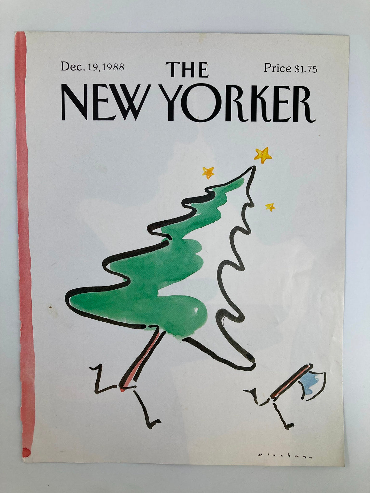 Cover of The New Yorker, dated December 19, 1988, showcasing an artistic depiction of a green tree being whimsically carried by a figure with an axe, illustrated by R. O. Blechman.