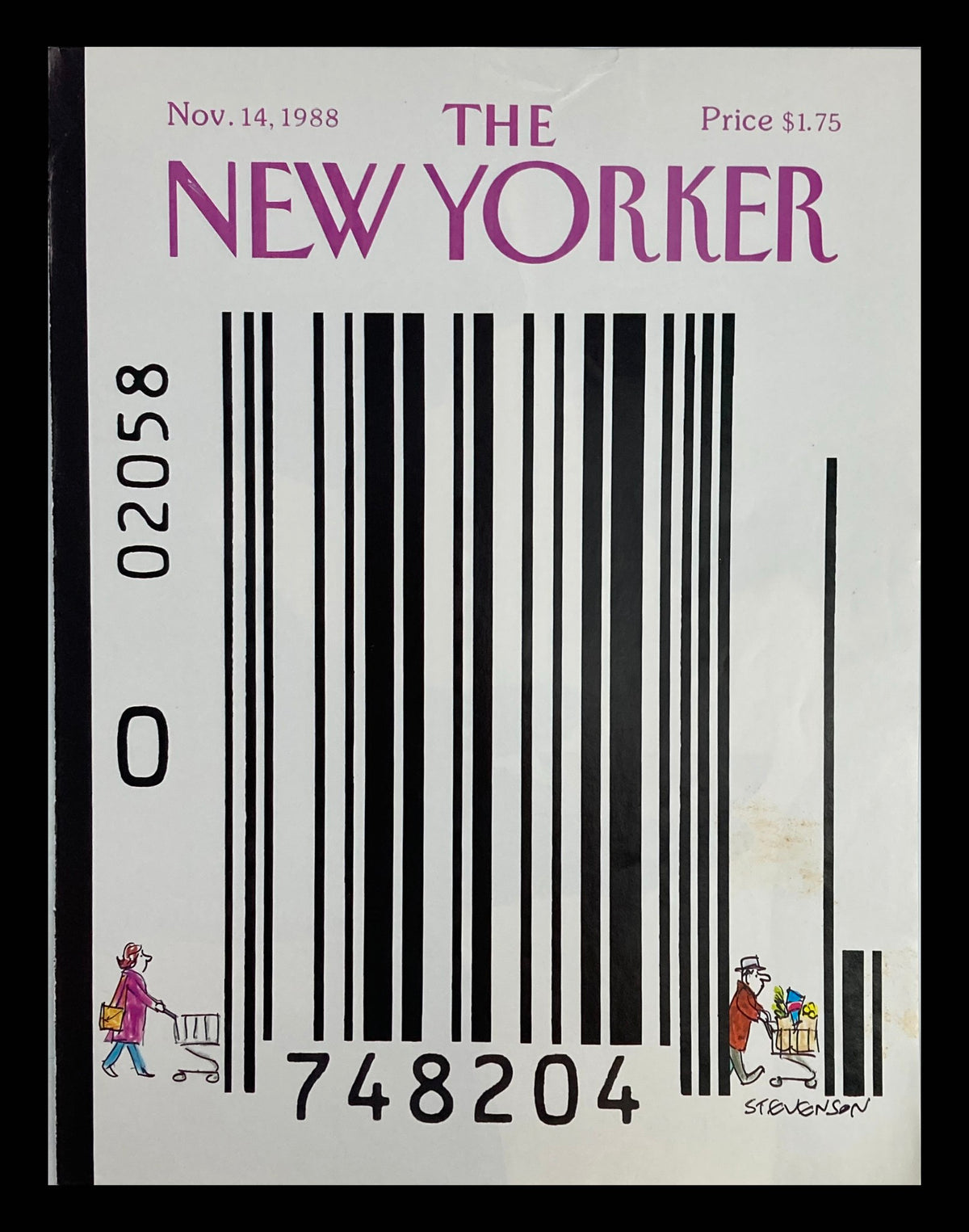 Cover of The New Yorker November 14 1988 titled 'Barcode Shopping' featuring a barcode design with cartoon characters shopping.