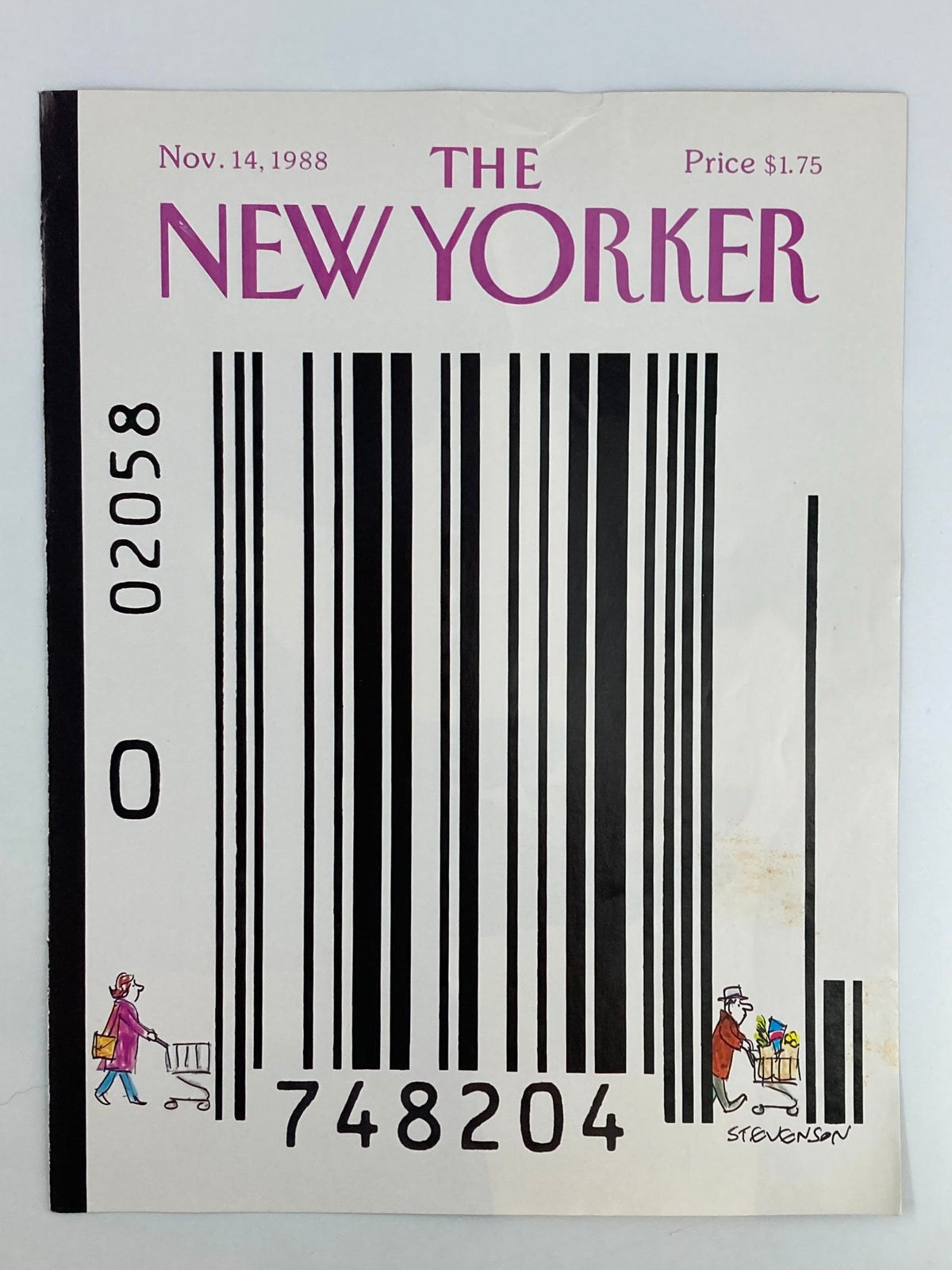 The New Yorker November 14 1988 cover showcasing 'Barcode Shopping' artwork, including a woman's shopping cart alongside a barcode.