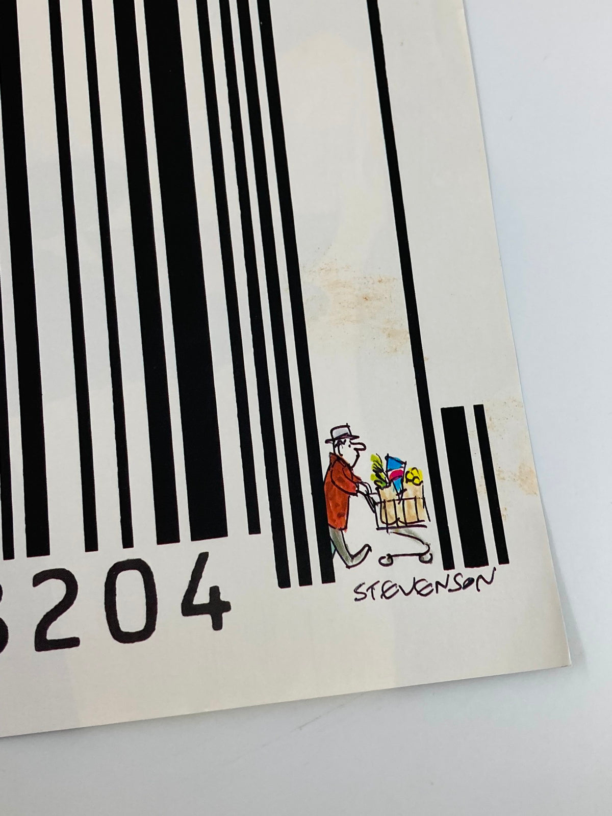Close-up of The New Yorker November 14 1988 cover's 'Barcode Shopping' featuring a man pushing a shopping cart beside a barcode.