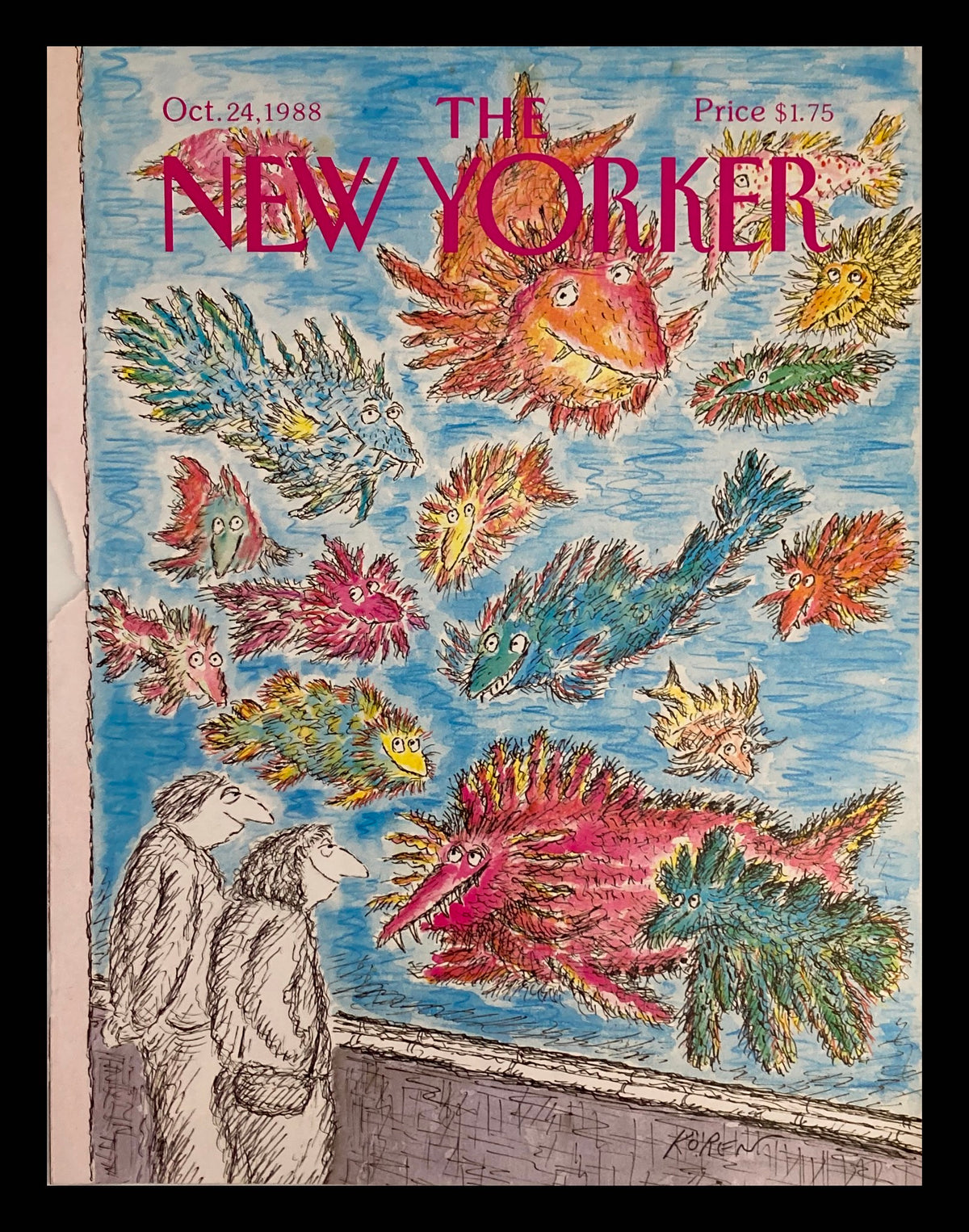 Cover of The New Yorker magazine dated October 24, 1988, featuring whimsical aquarium fish illustration by Edward Koren, showcasing vibrant colors and playful character.