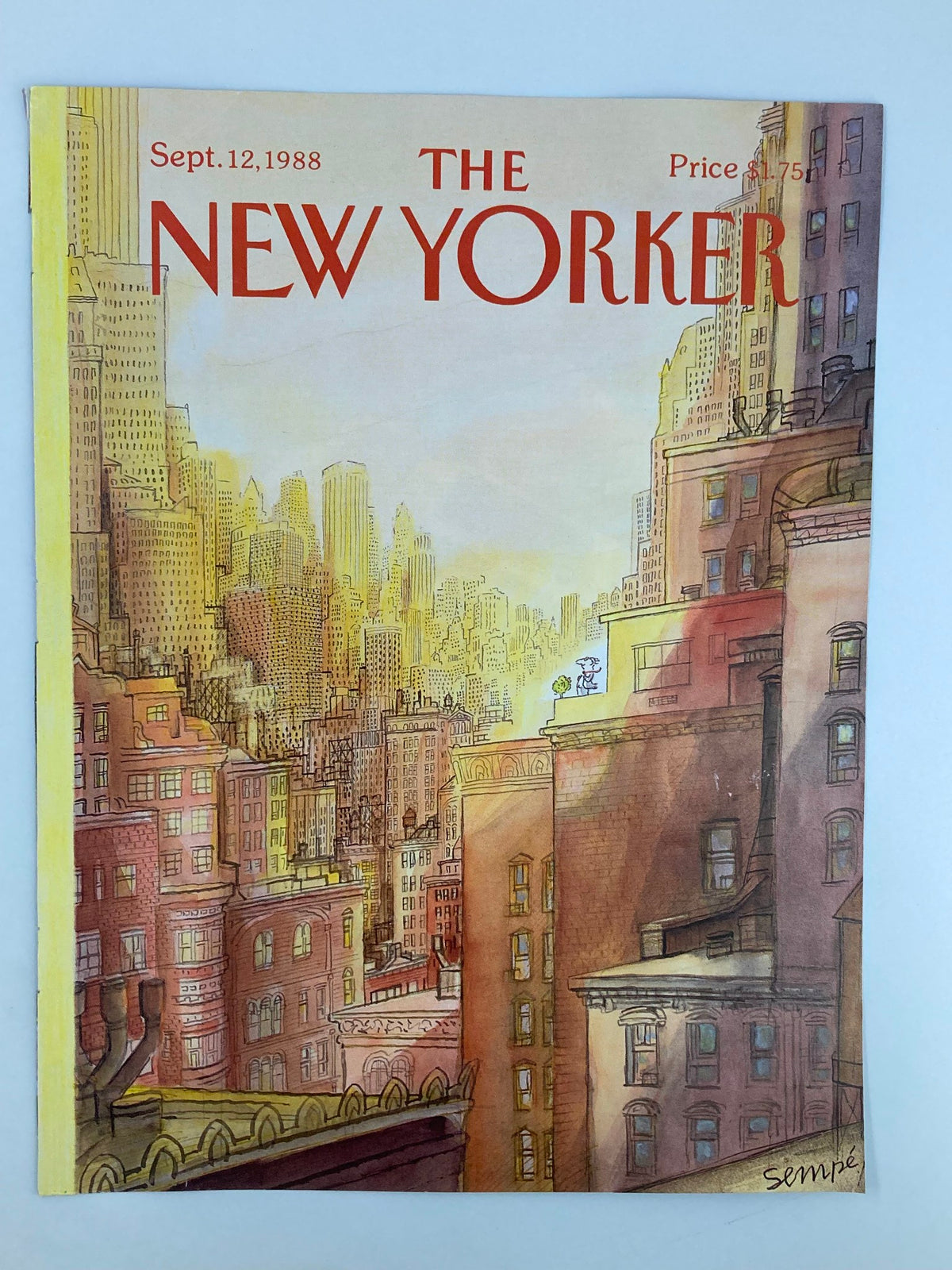 Cover only of The New Yorker dated September 12, 1988, featuring artwork by Jean-Jacques Sempe showcasing a whimsical urban landscape of New York City, capturing the essence of the late 1980s.