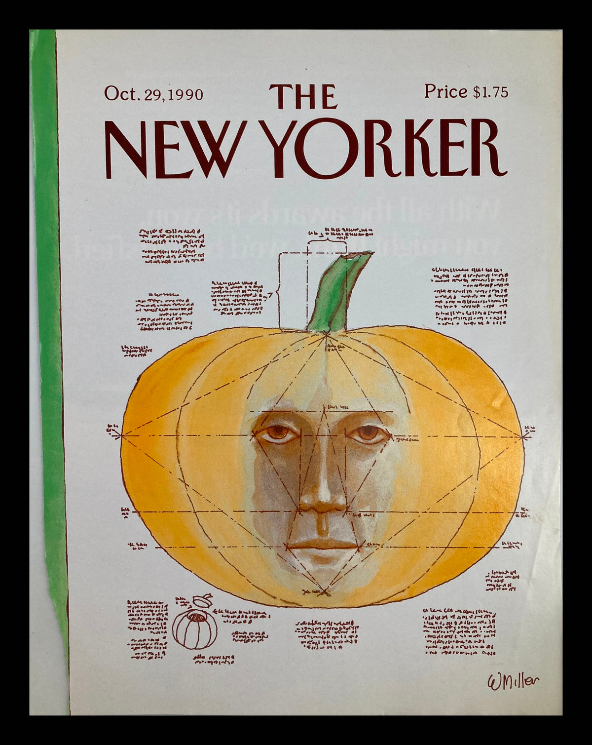 The New Yorker October 29 1990 cover featuring striking pumpkin head illustration by Warren Miller, showcasing artistic details and vintage charm.