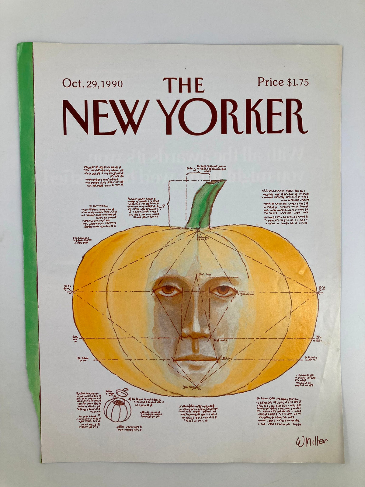 The New Yorker October 29 1990 cover displayed with vibrant colors showing a pumpkin head, illustrated by Warren Miller, perfect for Halloween enthusiasts.