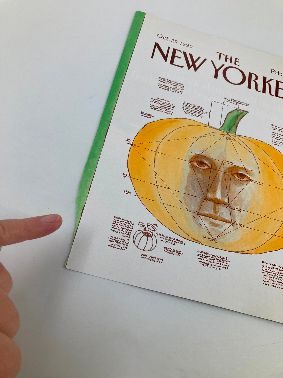 Close-up view of The New Yorker October 29 1990 cover illustrating a unique pumpkin head by Warren Miller, highlighting artistic features and condition details.