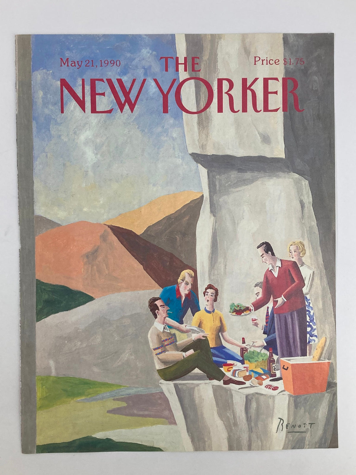 The New Yorker May 21 1990 Wine Picnic cover by Benoit van Innis depicting a vibrant picnic scene with friends, food, and drinks, set against a beautiful natural backdrop.