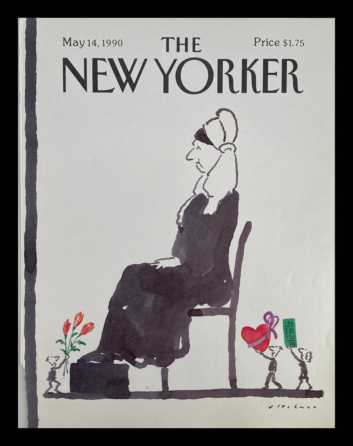 Cover only of The New Yorker dated May 14, 1990, featuring artwork by R.O. Blechman. The illustration depicts a mother figure seated with whimsical characters bringing flowers and a heart.